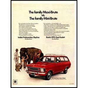 1970 Buick Opel Kadett Deluxe Wagon Vintage Print Ad Elephant Leopard Wall Art